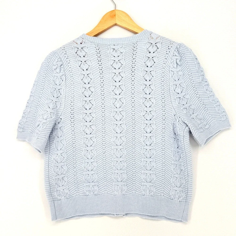 Joie Cardigan Sweater Womens Medium Blue Short Sleeve Pointelle Cottagecore Soft